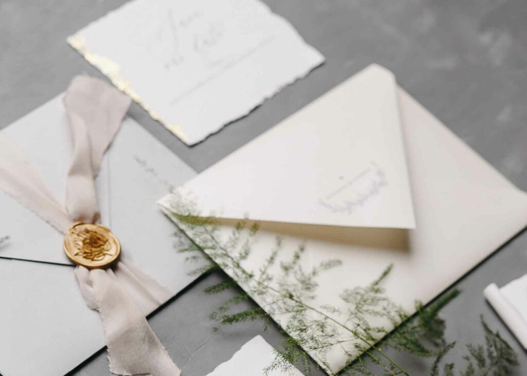 Wedding invitation suite with an outer envelope, inner envelope with ribbon and wax seal and insert card