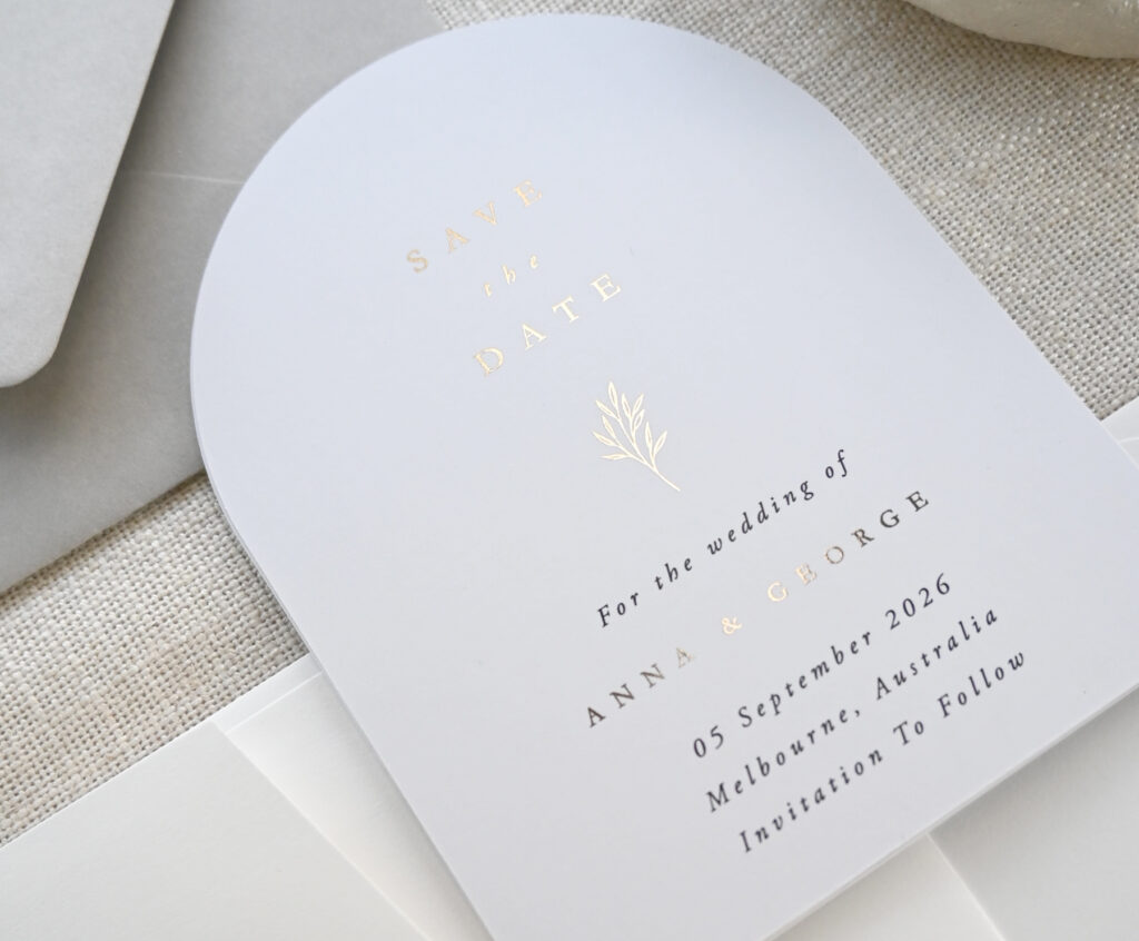 Gold Foil Save the Date Idea with laurel branch in a metallic finish