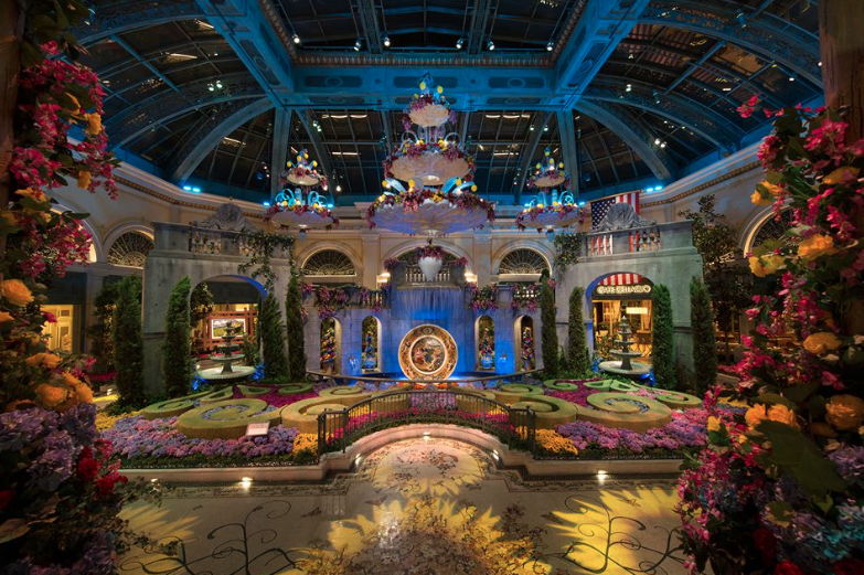 floral and glass murano-inspired chandeliers in the bellagio’s conservatory and botanical garden in las vegas