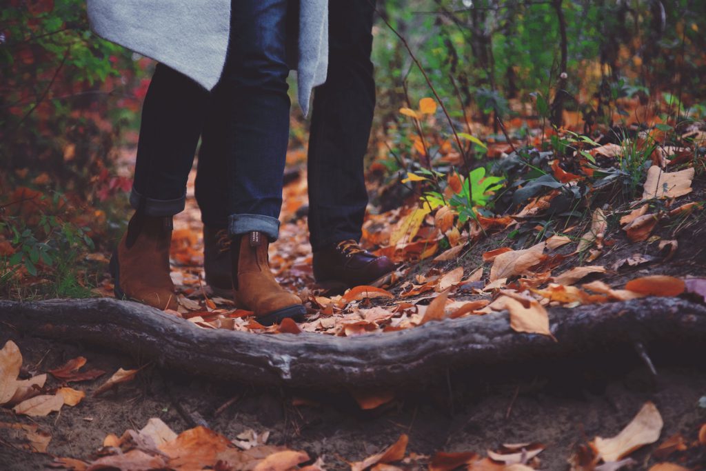 two people walking through high park in toronto along a leaf-lined pathway in autumn