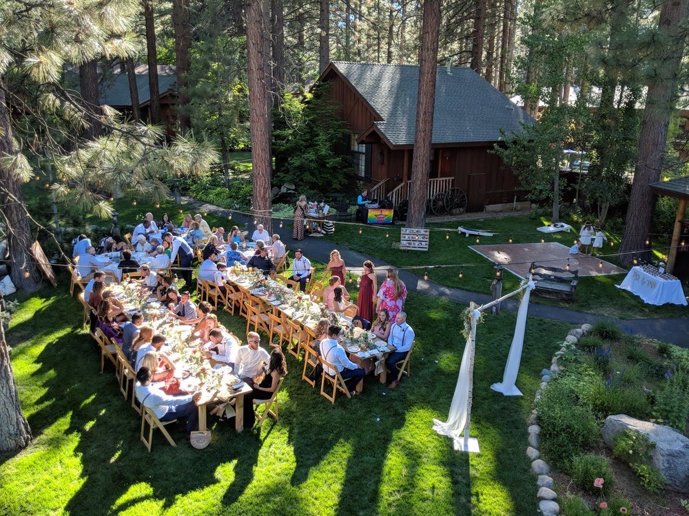 people eating at a wedding reception on the lawn at the black bear lodge, surrounded by pine trees