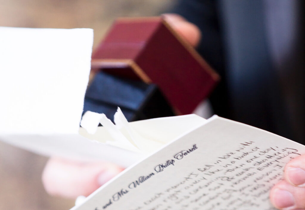 A handwritten note and gift box given during a wedding day gift exchange