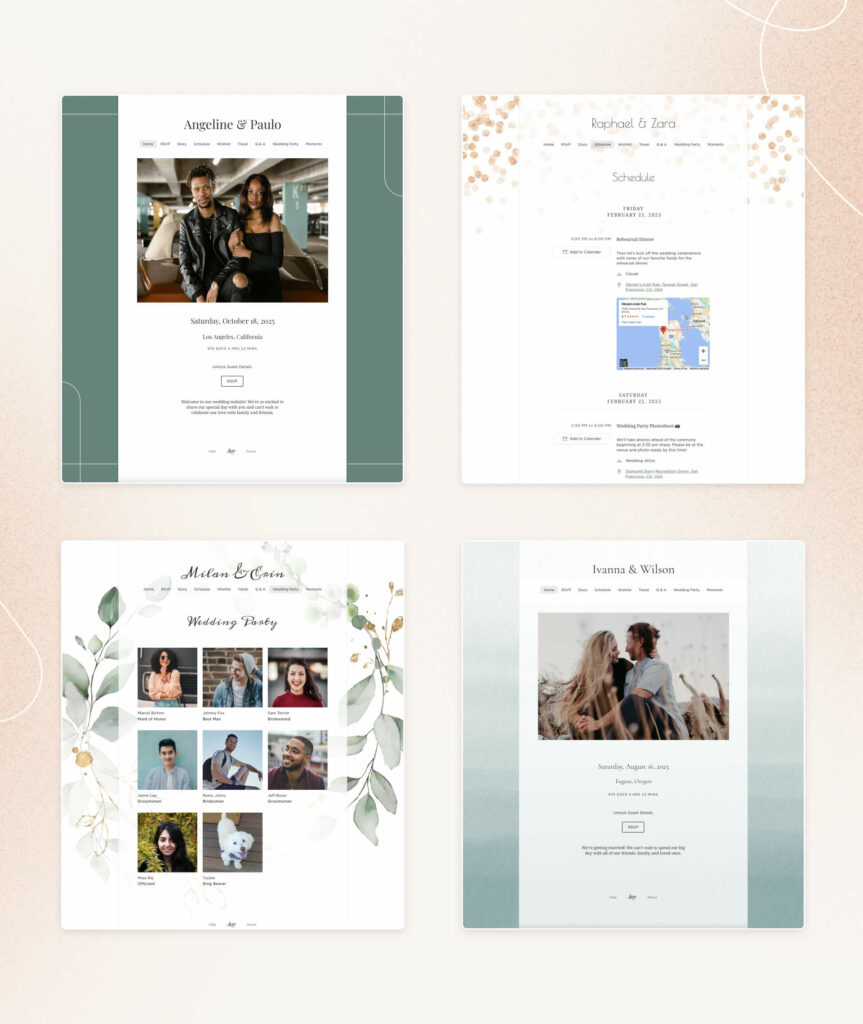 A couple's Joy wedding website, showing welcome message, wedding schedule, wedding party page, and RSVP.