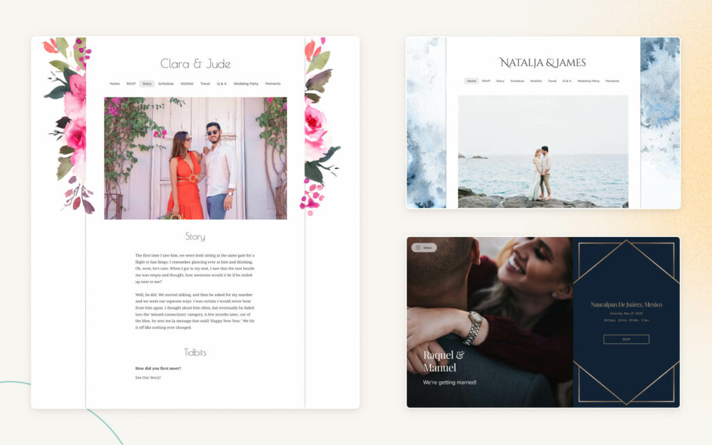Three couples' wedding websites with floral, watercolor, and modern designs.