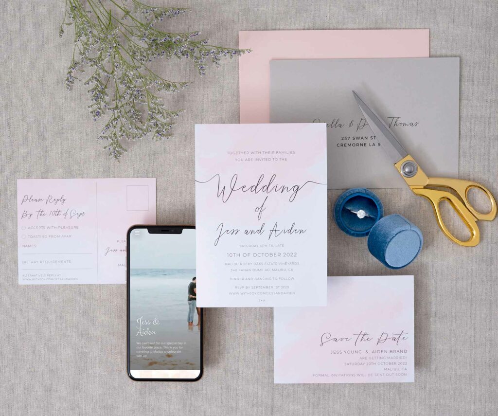 Wedding invitation guide photo featuring Joy's Rosey theme with a save the date, mobile wedding website, envelope, scissors and ring in the background