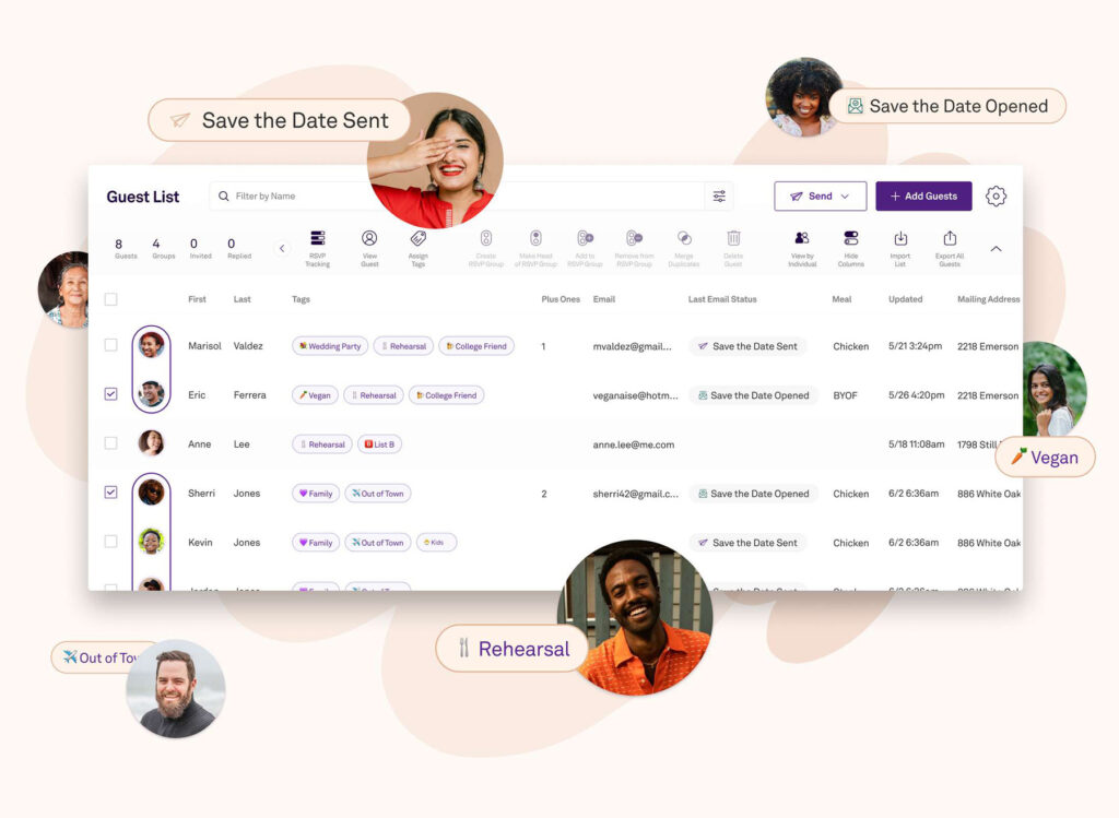 screenshot of Joy digital guest list manager for wedding planning