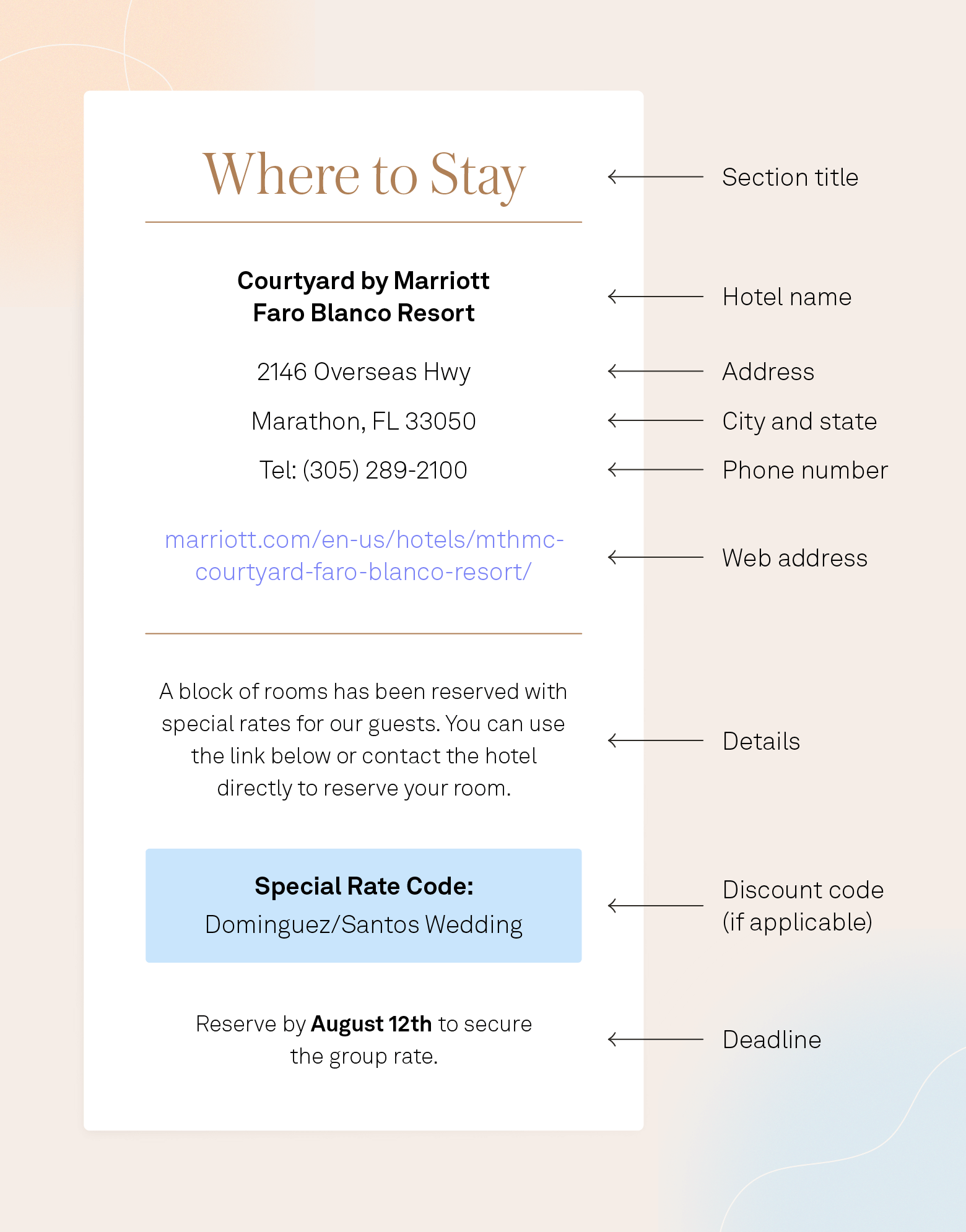 An example of how to inform guests of a hotel room block set up for your wedding