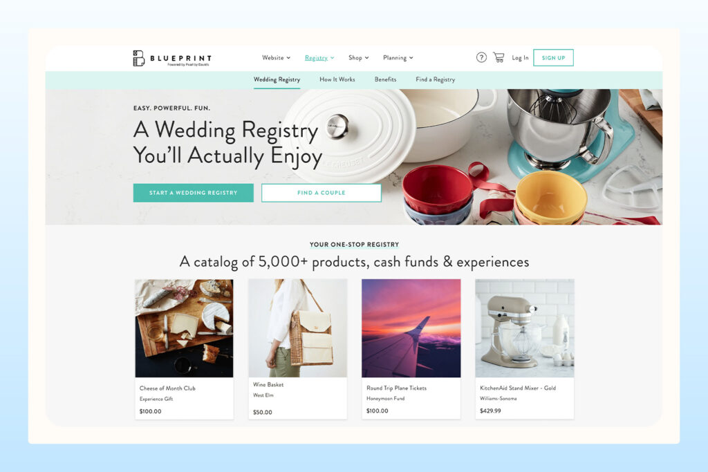 view of Blueprint wedding registry page