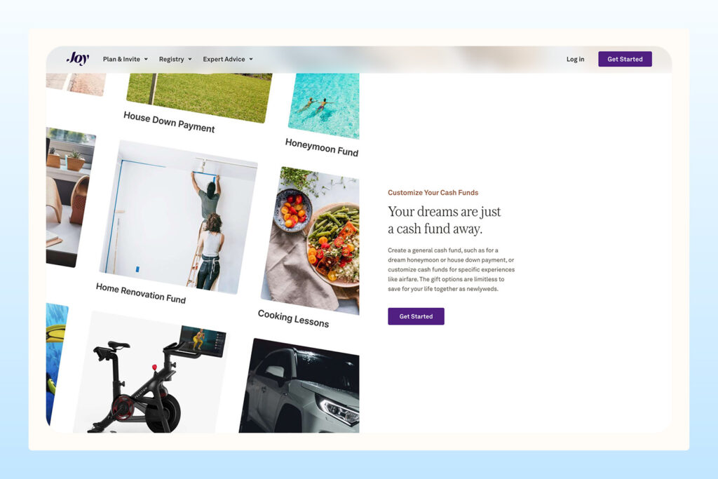 view of Joy cash wedding registry page