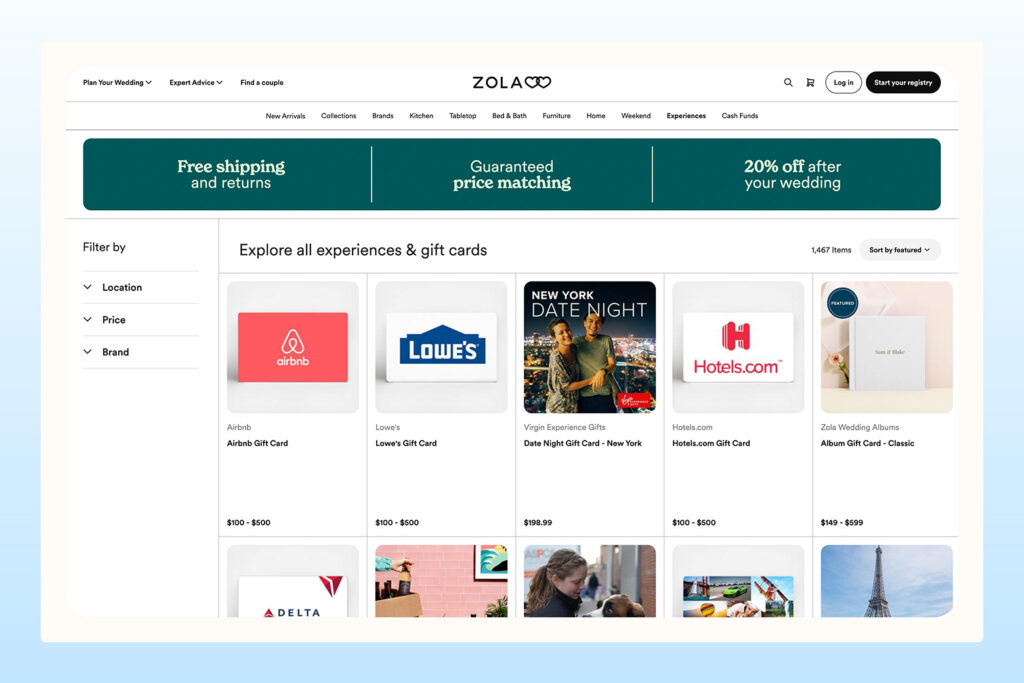view of Zola wedding cash registry page